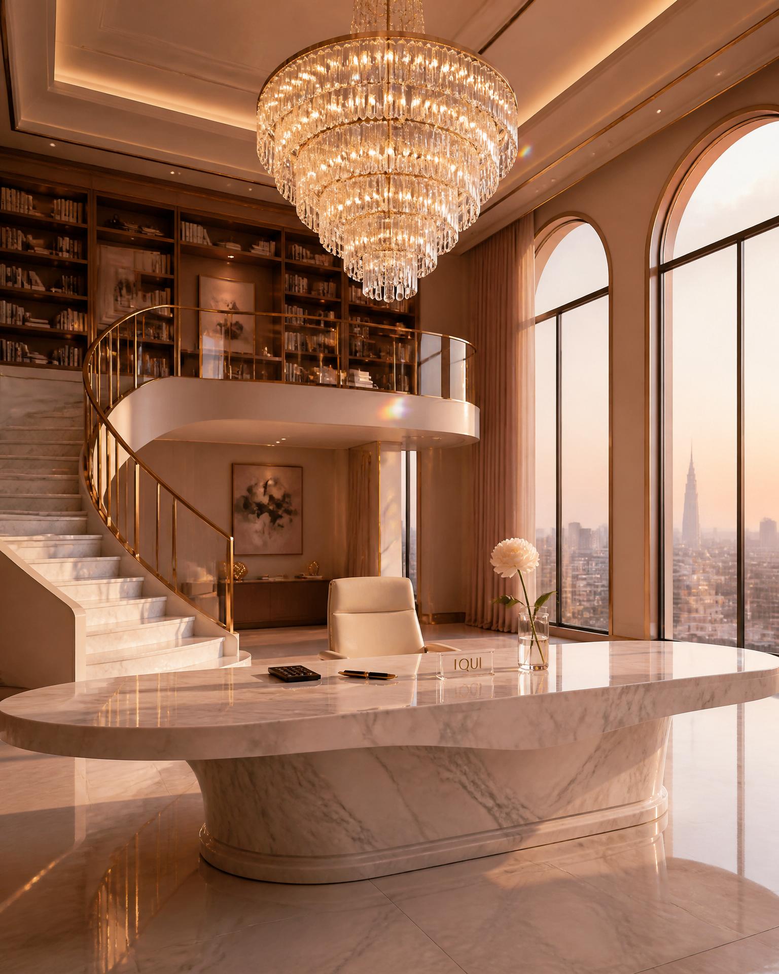 A luminous executive office with a curved staircase, library mezzanine, chandelier, and marble desk